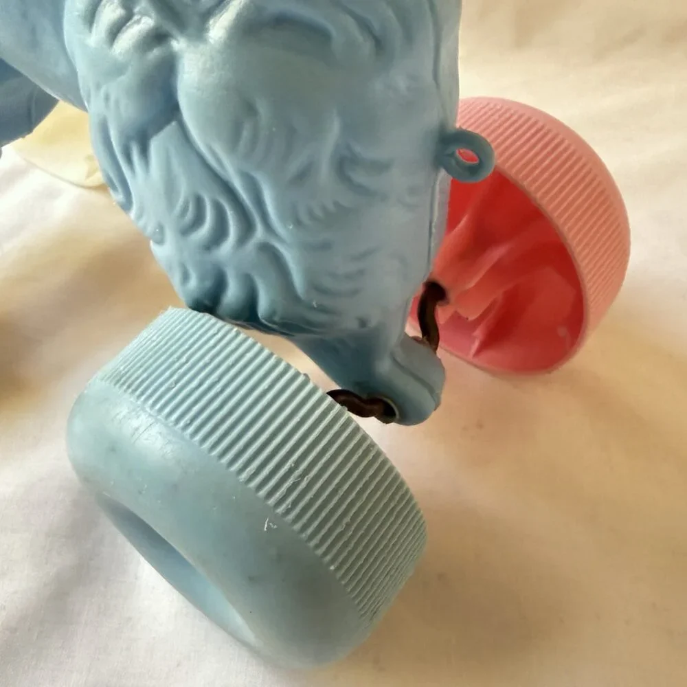 VTG 1950's Blue Poodle Dog Blow Mold Pull Toy Multi-Color Wheels Rare MCM